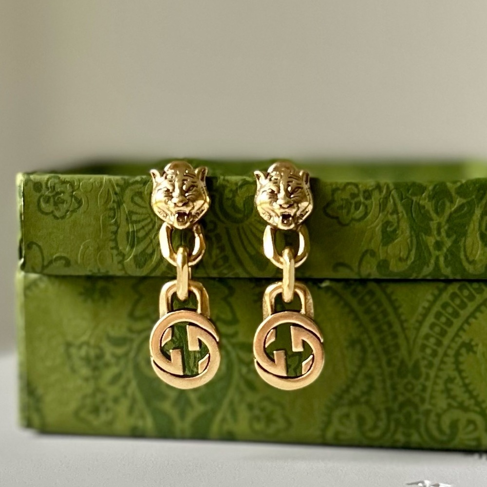 Gucci Tiger Double G Antique Gold /Brass Post Earrings